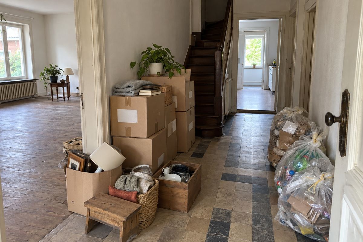 Cartons étiquetés et objets triés, prêts à être évacués